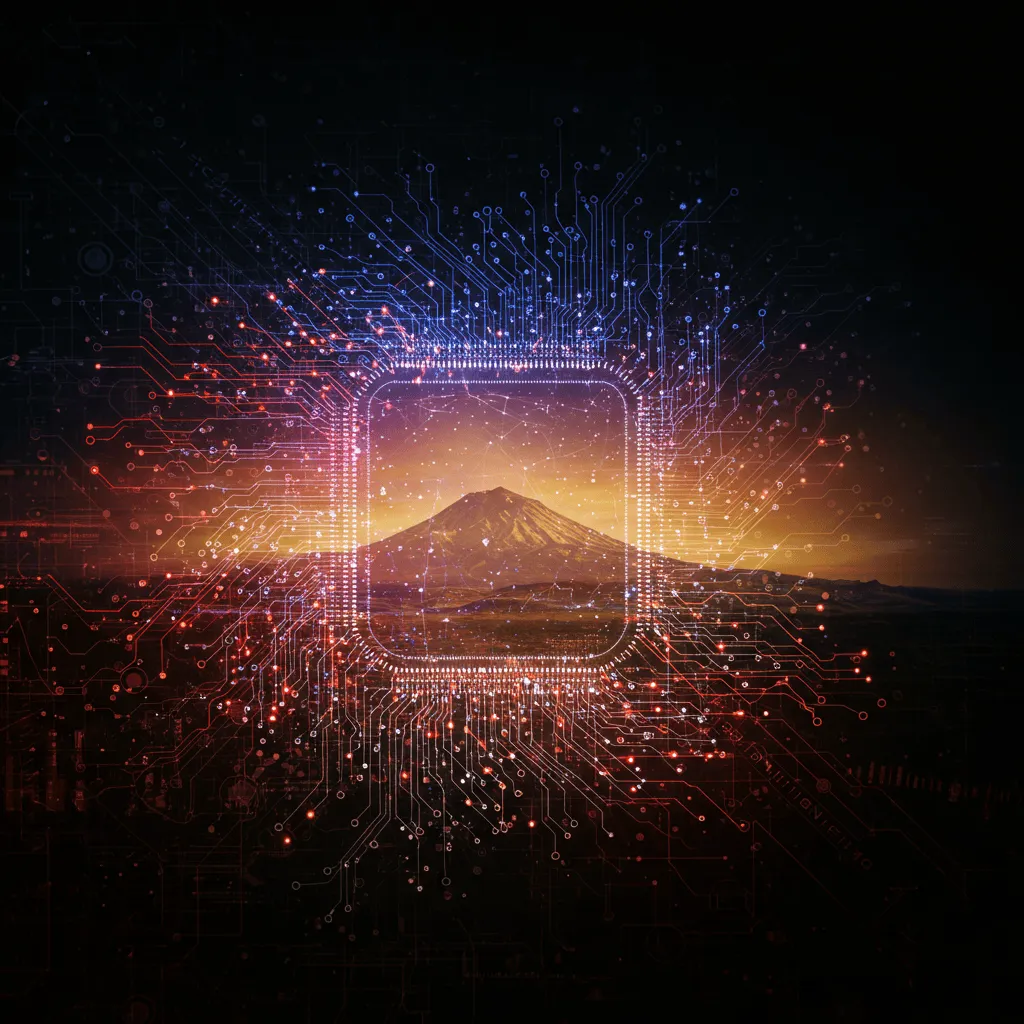 Un concepto de negocio moderno que presenta el destacado número 1% sobre un fondo de elementos digitales, símbolos financieros y sutiles colores de la bandera de Armenia (rojo, azul y naranja), que representan la tasa impositiva ventajosa para las empresas de tecnología en Armenia.