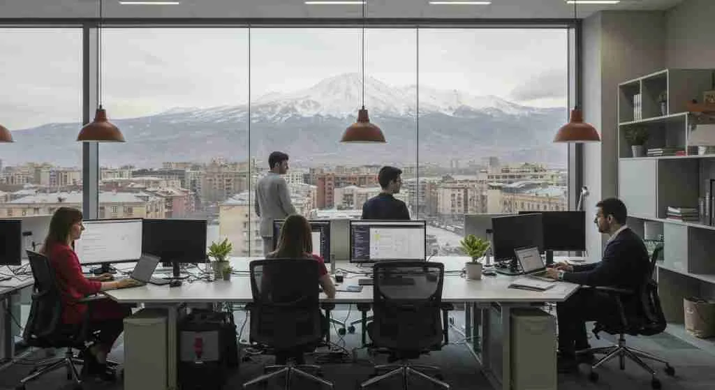 Modern tech office in Yerevan, Armenia with diverse professionals collaborating in a bright workspace with mountain views and subtle Armenian architectural elements.