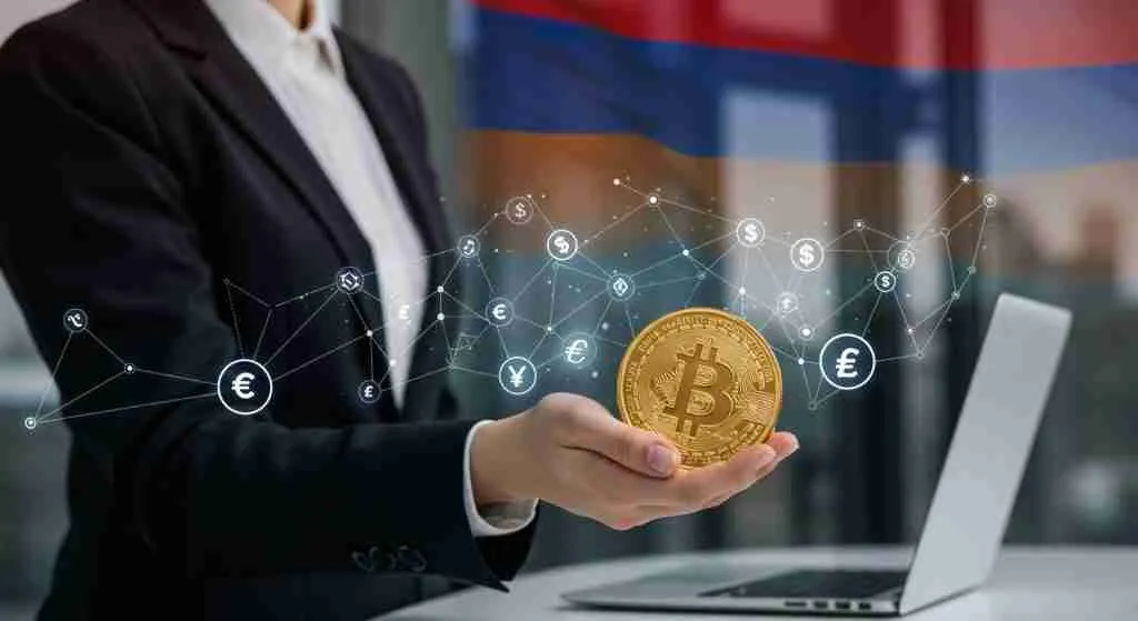 Modern business skyline in Armenia with blockchain network patterns overlaid, featuring subtle Armenian national colors (red, blue, and orange) in the background and cryptocurrency symbols integrated into a professional tech-focused design.