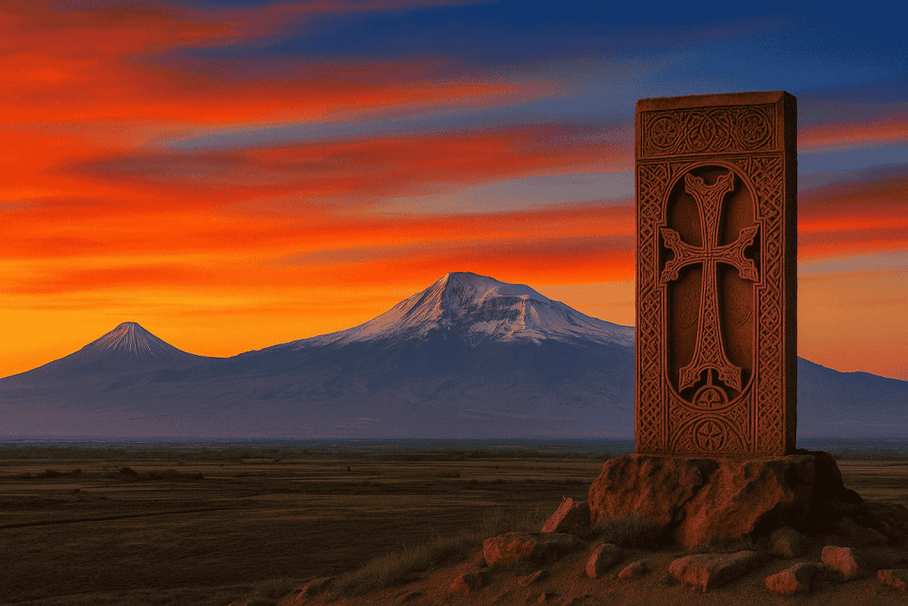 La herencia y la ciudadanía armenias simbolizadas por el monte Ararat y el Khachkar