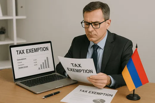 Business documents and Armenian flag demonstrating the 0% tax regime for digital entrepreneurs with annual income under $60,000