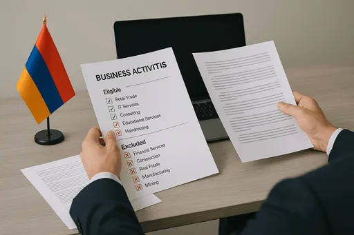 商人正在审查亚美尼亚 0% 税收微型企业制度的资格要求，并提供显示合格活动的文件。