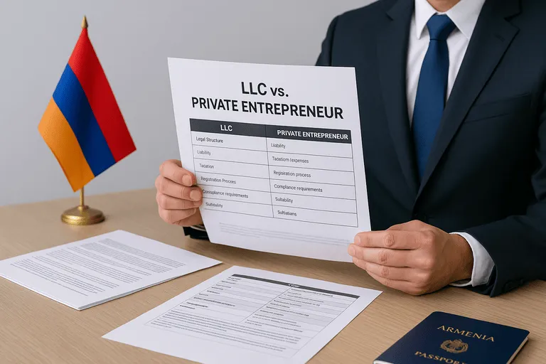 Comparación lado a lado de las estructuras de microempresas armenias que muestran diferencias clave entre el estado de LLC y de empresario privado para operaciones libres de impuestos.