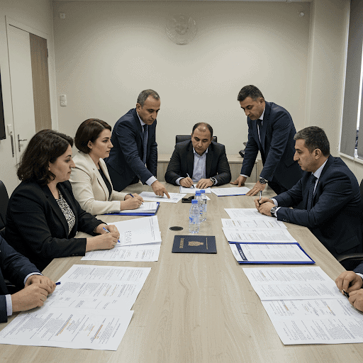 متخصصون في مجال الأعمال يقومون بتحليل الوثائق القانونية ومقارنة هياكل المؤسسات والمنظمات العامة الأرمينية للمنظمات غير الربحية