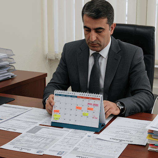 Calendario de cumplimiento de revisión profesional con fechas límite de informes de organizaciones sin fines de lucro de Armenia y carpetas de documentos organizadas.