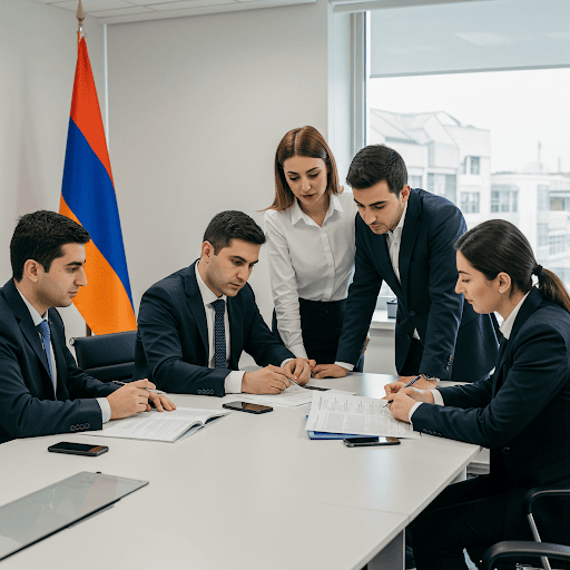 Группа из пяти армянских бизнесменов собралась вокруг белого стола для совещаний в светлом современном офисе. Четыре человека сидят, просматривают документы и делают заметки, а один человек стоит немного позади них, наклонившись, чтобы понаблюдать. Армянский флаг стоит на видном месте на заднем плане слева, около окна, из которого открывается городской пейзаж. Команда одета в профессиональную одежду, передающую ощущение сосредоточенности и сотрудничества.