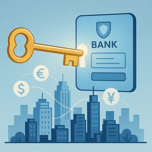 Golden key unlocking digital banking portal representing access to US financial system for non-resident business owners
