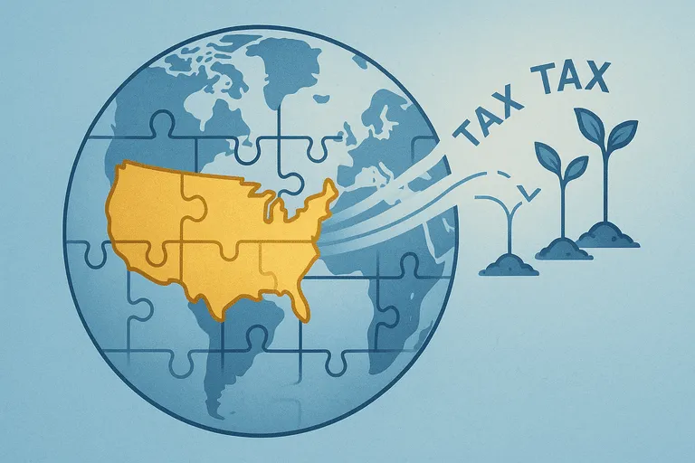 Global tax optimization concept showing US LLC benefits for international entrepreneurs with visual representation of business growth through tax planning