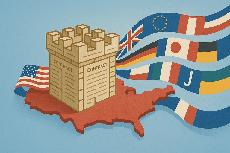 保护性法律堡垒的概念图，代表美国有限责任公司如何保护外国投资者的资产免受国际债权人的侵害