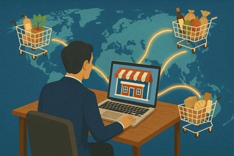 Ilustración conceptual de un emprendedor de comercio electrónico internacional que se conecta con el mercado estadounidense a través de una estructura de LLC con elementos de compra digital.