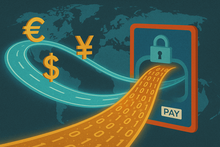 Conceptual illustration showing international payment processing options connecting foreign entrepreneurs to the US market through secure payment gateways