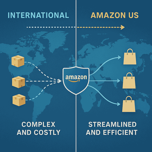 Ilustración conceptual que compara las estructuras comerciales de entidades extranjeras y LLC estadounidenses para vendedores internacionales de Amazon que acceden al mercado estadounidense