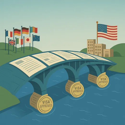 Conceptual illustration showing how properly structured US LLCs create a strategic pathway for foreign entrepreneurs seeking E-2 treaty investor visa approval
