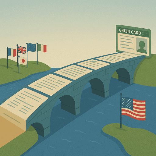 Conceptual illustration showing how properly formed US LLCs create a structured pathway from L-1 visa status to permanent residency for international business expansion