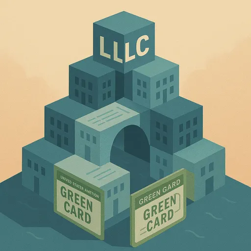 Ilustração conceitual mostrando como LLCs dos EUA devidamente estruturadas fornecem a base para investimentos EB-5 bem-sucedidos e caminhos de residência permanente