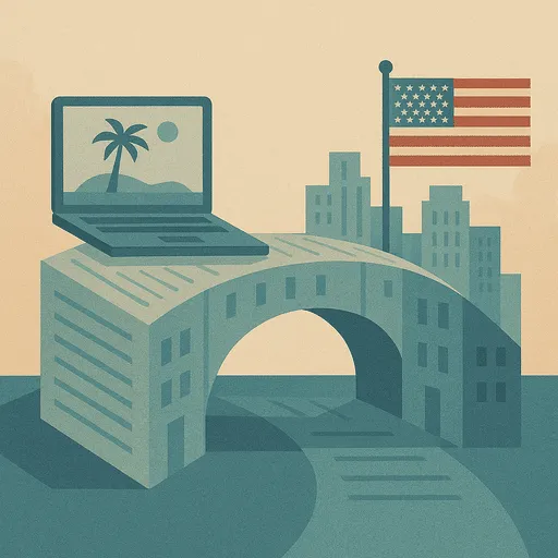 Imagen conceptual que muestra una LLC estadounidense que crea caminos desde un estilo de vida nómada digital hasta la residencia legal en EE. UU. a través de múltiples opciones de visa.