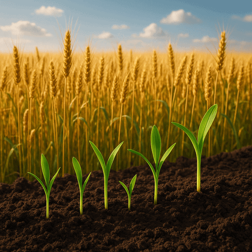 Campo de trigo dorado con plántulas verdes que emergen de un suelo fértil que representa el programa de apoyo agrícola y subsidios agrícolas de Armenia para 2025.