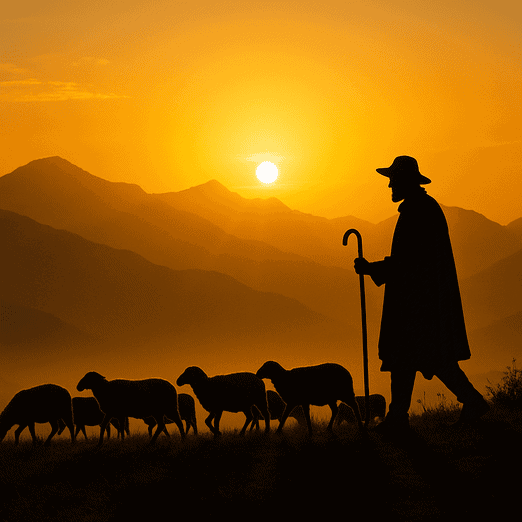 Silueta de pastor con rebaño de ovejas contra el amanecer dorado en la montaña, que representa el programa de apoyo a la ganadería y la modernización agrícola de Armenia.