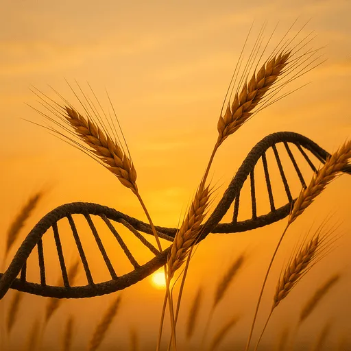 DNA double helix structure merging with golden wheat stalks representing Armenia's cattle productivity program and genetic enhancement initiative