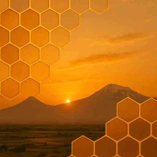Patrón de panal dorado sobre un paisaje montañoso armenio que representa un programa de apoyo a la apicultura y el desarrollo de una agricultura sostenible.