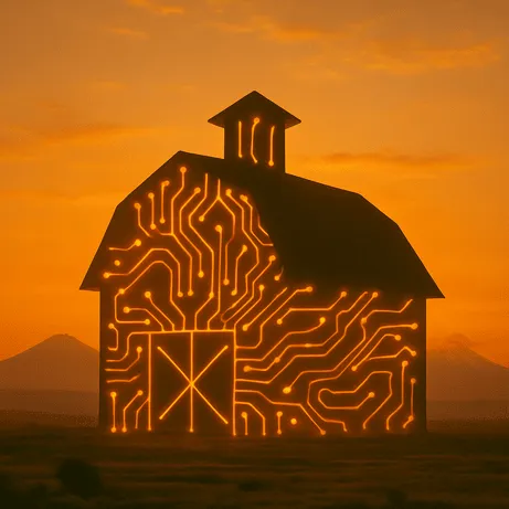 Silueta de granero moderno con superposición de circuitos digitales contra un paisaje montañoso que representa el programa de apoyo a los edificios ganaderos inteligentes de Armenia y la innovación agrícola.
