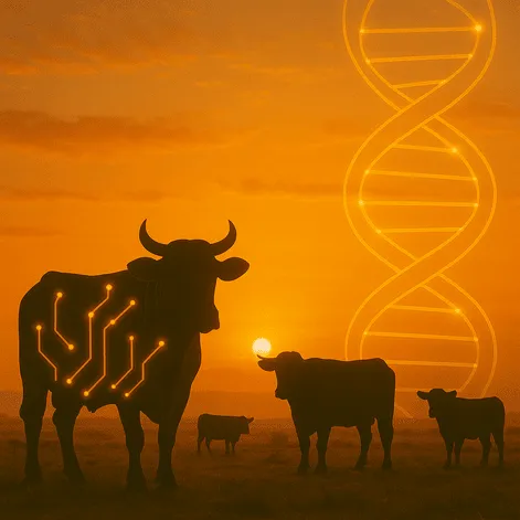 牛群的 DNA 螺旋轮廓与金色的牧场景观相映成趣,象征着亚美尼亚的纯种牛养殖支持计划和牲畜基因改良