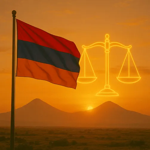 Bendera nasional Armenia di latar belakang gunung dengan sisik emas yang melambangkan opsi pembayaran layanan militer baru dan perubahan hukum wajib militer