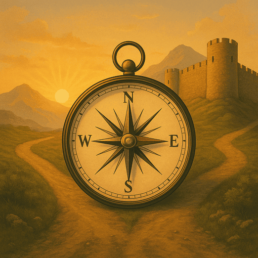 Brújula que apunta hacia dos caminos de montaña que representan opciones de inversión residencial entre Albania y Montenegro en los Balcanes