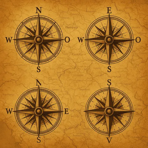 Empat mawar kompas menunjuk ke arah yang berbeda pada peta kuno yang mewakili pilihan program residensi di Albania, Serbia, Bulgaria, dan Rumania