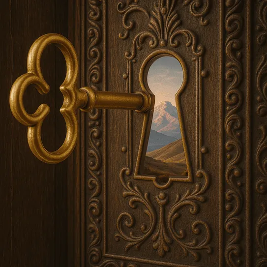 Golden key unlocking door with Albanian landscape visible through keyhole representing digital nomad visa application process and access to European residency