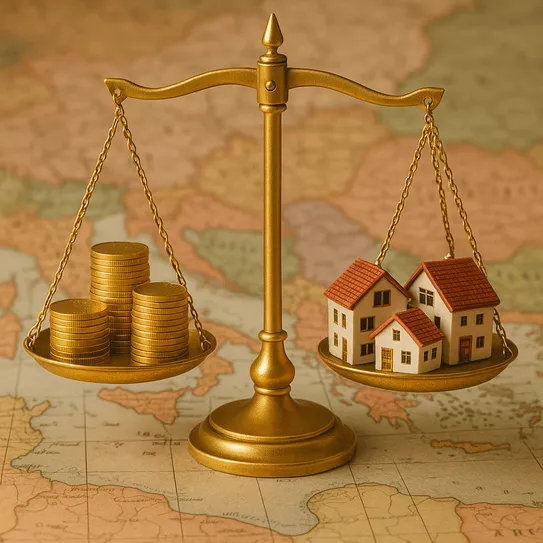 Balanza dorada con monedas y casas en miniatura en el mapa de los Balcanes que representa la comparación del ROI de la inversión inmobiliaria en Albania, Serbia, Montenegro, Bulgaria y Croacia.