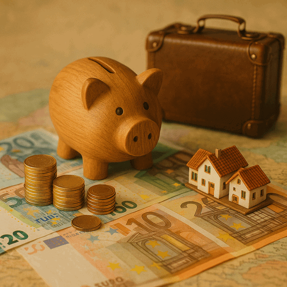 Alcancía con billetes y monedas de Europa del Este que representan un presupuesto mensual de $1500 para una vida cómoda en los países de la región.