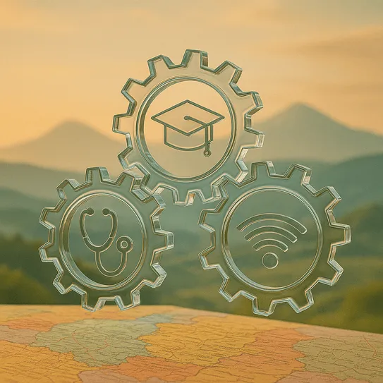 Three crystal gears representing healthcare education and infrastructure services interconnected against Balkan mountain landscape for expat living guide