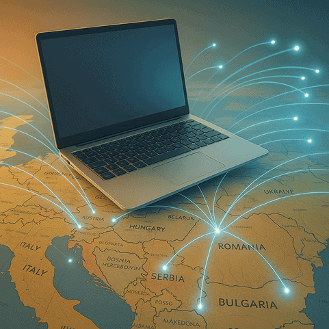 Laptop above Eastern Europe map with fiber optic light trails connecting cities representing high-speed internet infrastructure for remote work across affordable European destinations