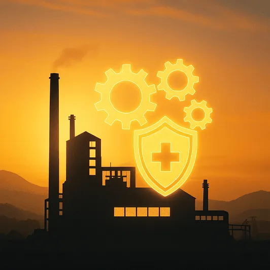 Silhouette d'une installation industrielle avec des mécanismes d'engrenage et des symboles de sécurité représentant les programmes de soutien aux abattoirs d'Arménie et la modernisation de l'industrie de transformation de la viande