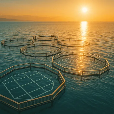 Moderna instalación de acuicultura con patrones geométricos de tanques de agua e iluminación dorada que representan el programa de cultivo de cangrejos de río de Armenia y la inversión en tecnología sostenible.