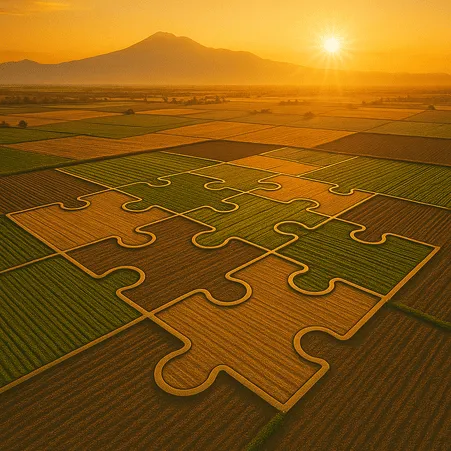 Geometric agricultural field patterns resembling puzzle pieces against golden sunrise representing Armenia's land consolidation program and farm modernization