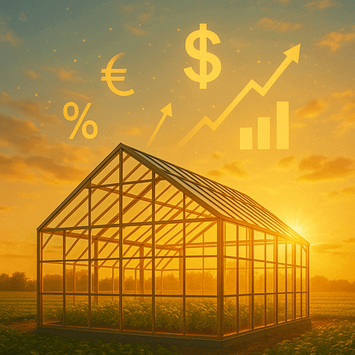 Modern greenhouse with geometric glass panels and golden sunlight representing Armenia's greenhouse development program and agricultural loan support