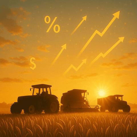 Silhouetten landwirtschaftlicher Geräte mit Prozentzeichen in einem goldenen Weizenfeld, die das armenische Geräteleasingprogramm und die Agrarsubventionen darstellen