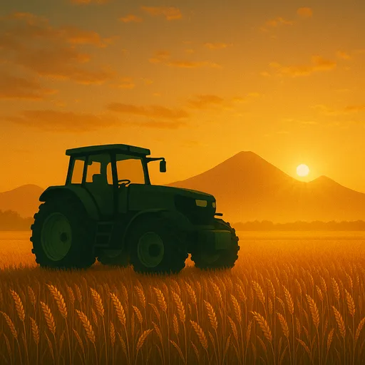 Un tractor verde en un campo de trigo dorado representa el programa de apoyo al arrendamiento de equipos agrícolas del gobierno de Armenia para agricultores.