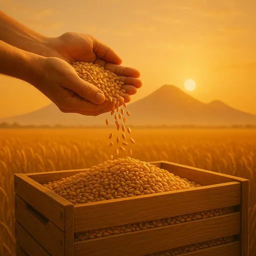 حبوب القمح الذهبية تتدفق من الأيدي إلى صندوق خشبي يمثل برنامج دعم المشتريات الزراعية الحكومي الأرميني للأعمال الزراعية