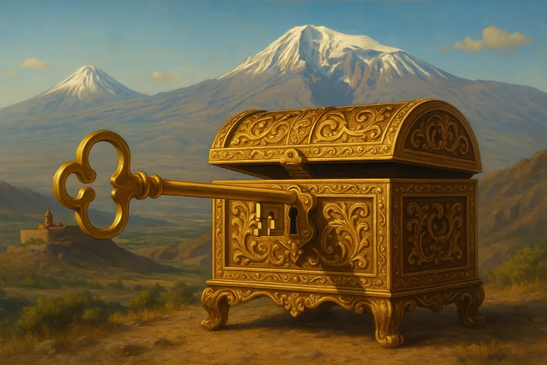 Una llave dorada abre un cofre del tesoro con montañas armenias al fondo, lo que representa los beneficios fiscales y las oportunidades de inversión de los fondos de capital privado en Armenia.