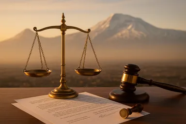 平衡的尺度与官方文件和亚美尼亚山背景象征着商业注册的法律要求和机会