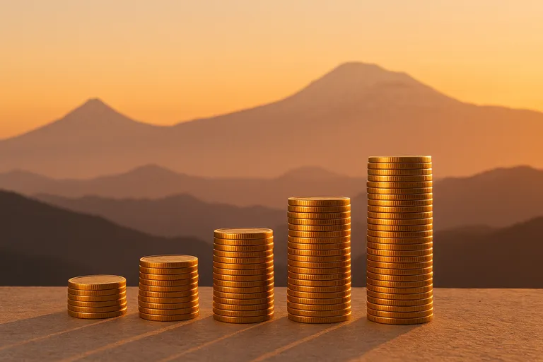 Monedas de oro apiladas en orden ascendente frente a siluetas de montañas que representan los atractivos rendimientos de inversión de Armenia en bonos del 10% y altos retornos en comparación con los mercados occidentales.