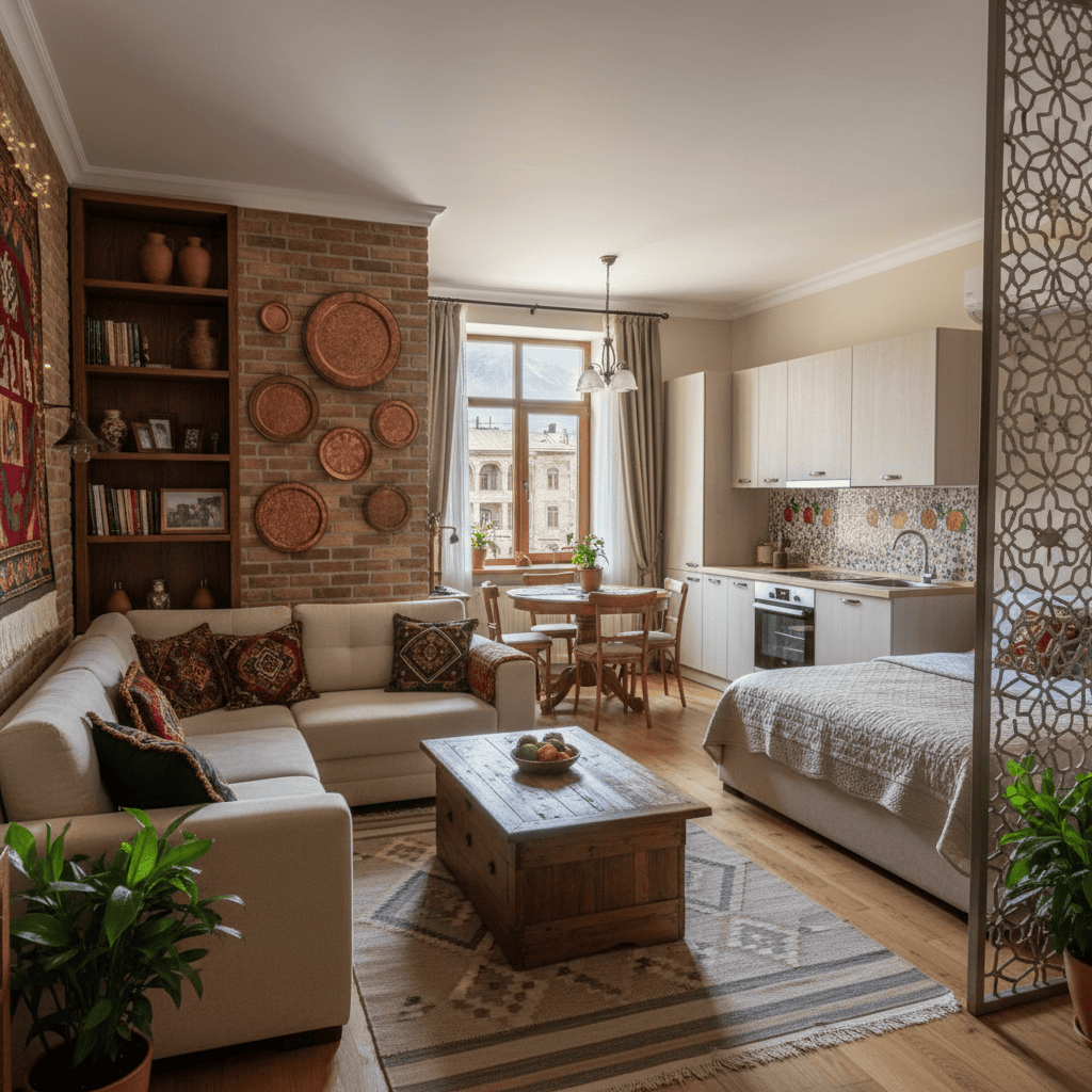 Furnished apartment in an Armenian city, suitable for rental.