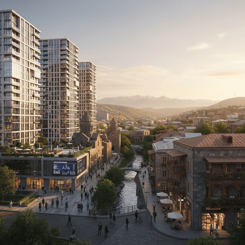 Una vista de modernos edificios de apartamentos armenios junto a la arquitectura tradicional.