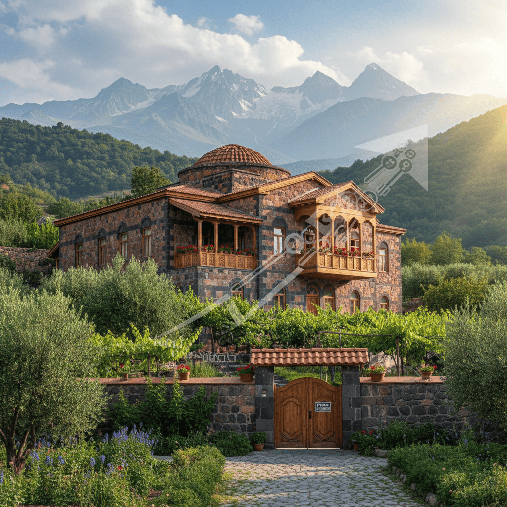 Traditional Armenian house nestled in green hills with mountains in the background.