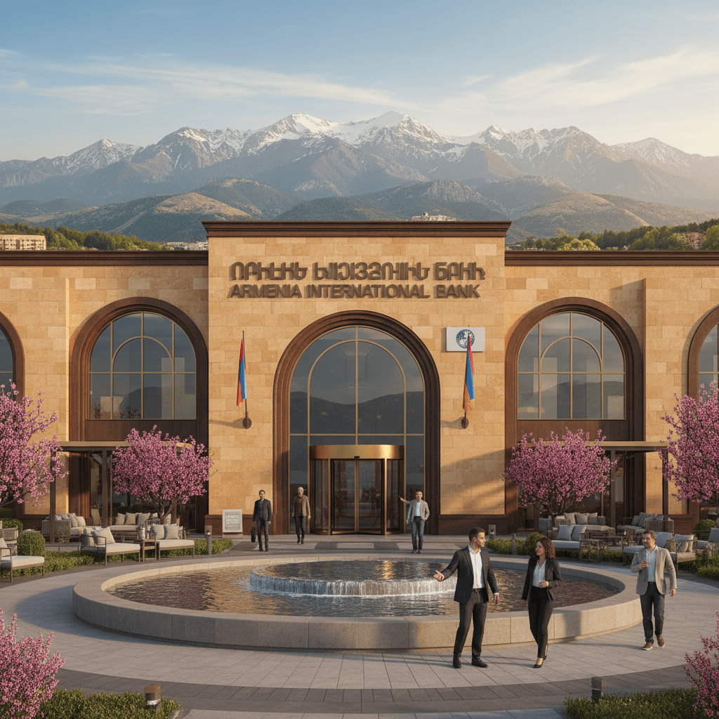 Exterior of an Armenian bank with scenic mountains in the background.