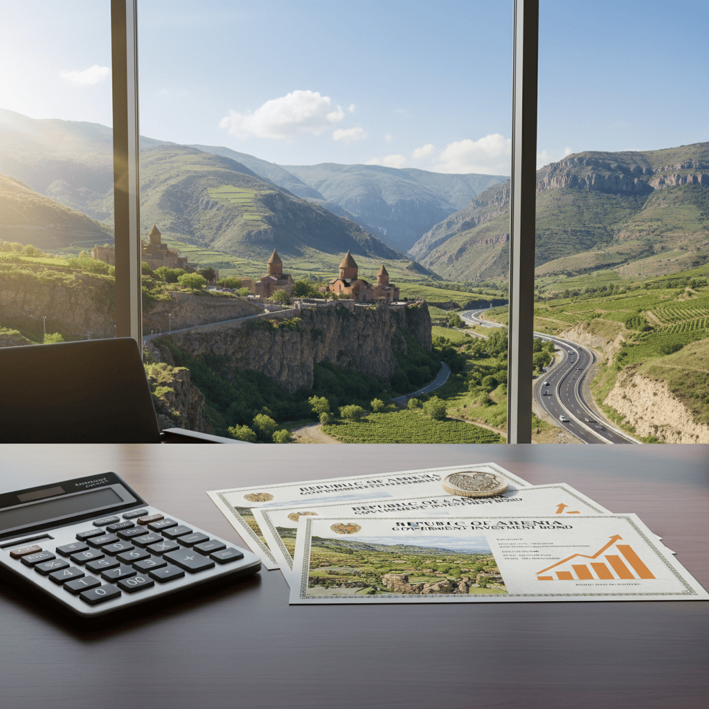 Scenic Armenian landscape with government bond certificates and a calculator on a desk.