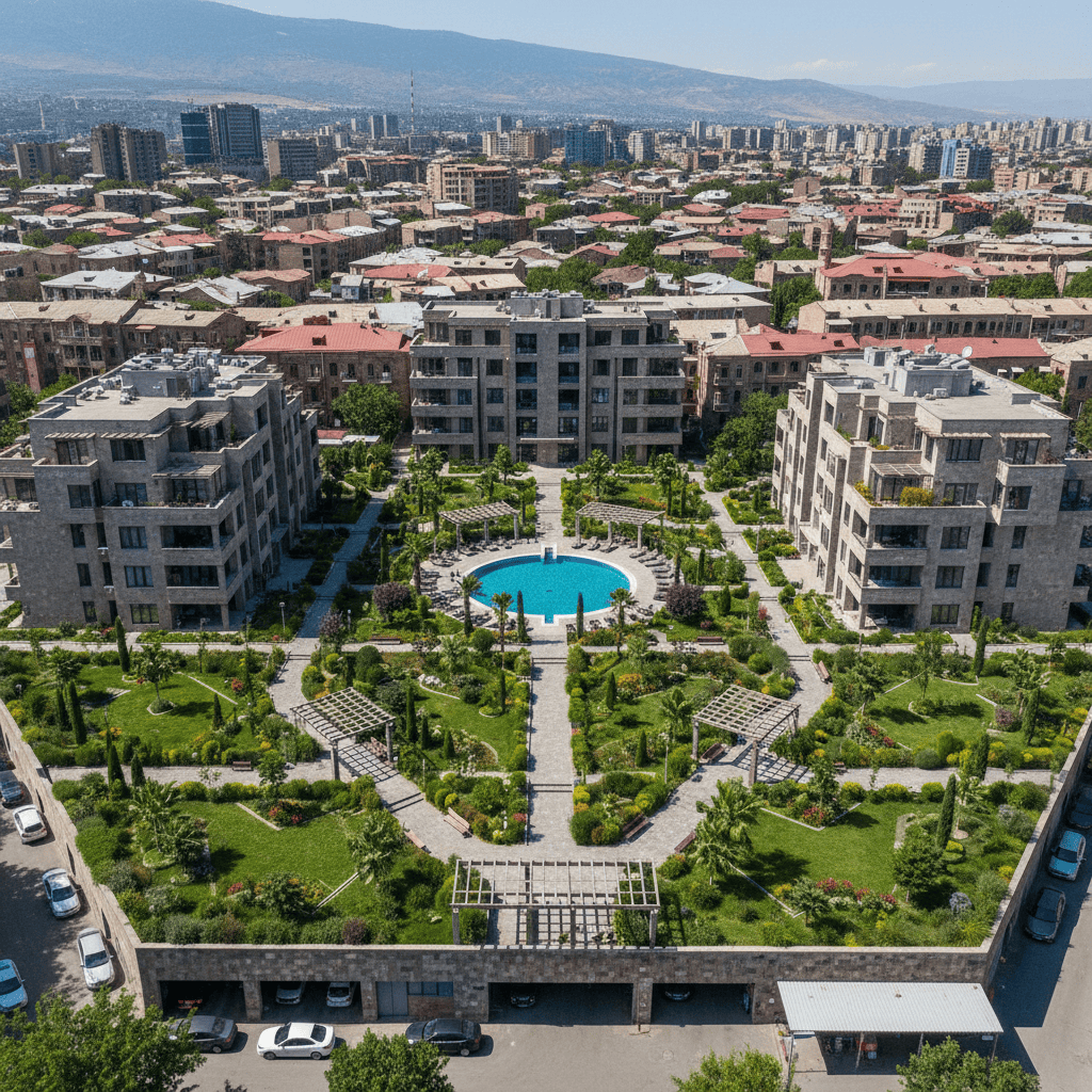 Vista aérea de un moderno complejo de apartamentos con espacios verdes en Ereván.